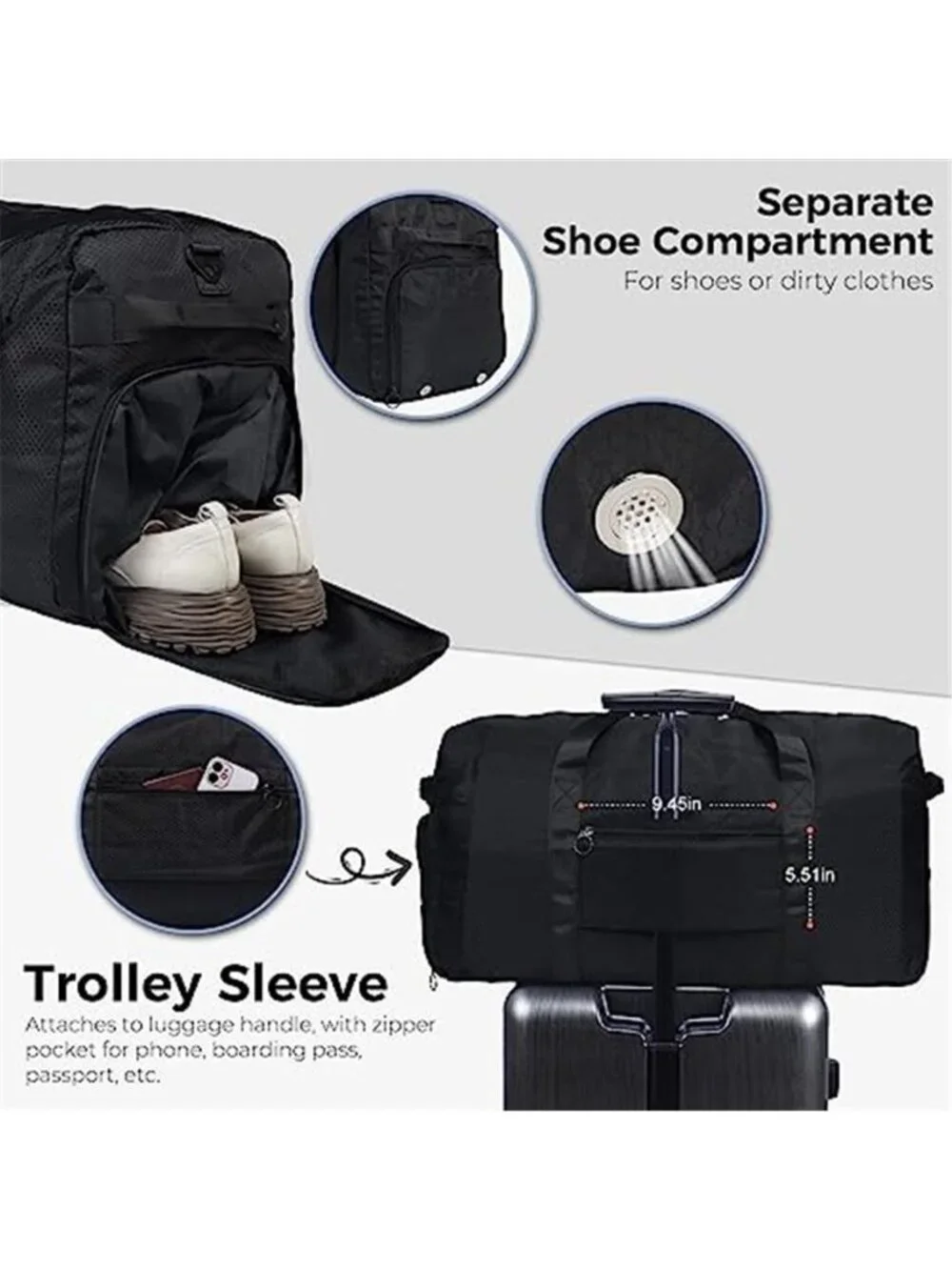 Men's 65L Duffle Bag with Shoes Compartment Foldable Travel Duffel Bags